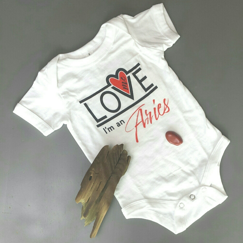 Oops Flaw Hand Crafted Silkscreened Love Me I'm An Aries Zodiac Baby Onesie 3-6M